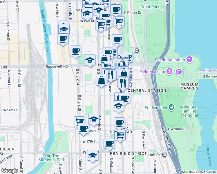 map of restaurants, bars, coffee shops, grocery stores, and more near 1327 South Wabash Avenue in Chicago
