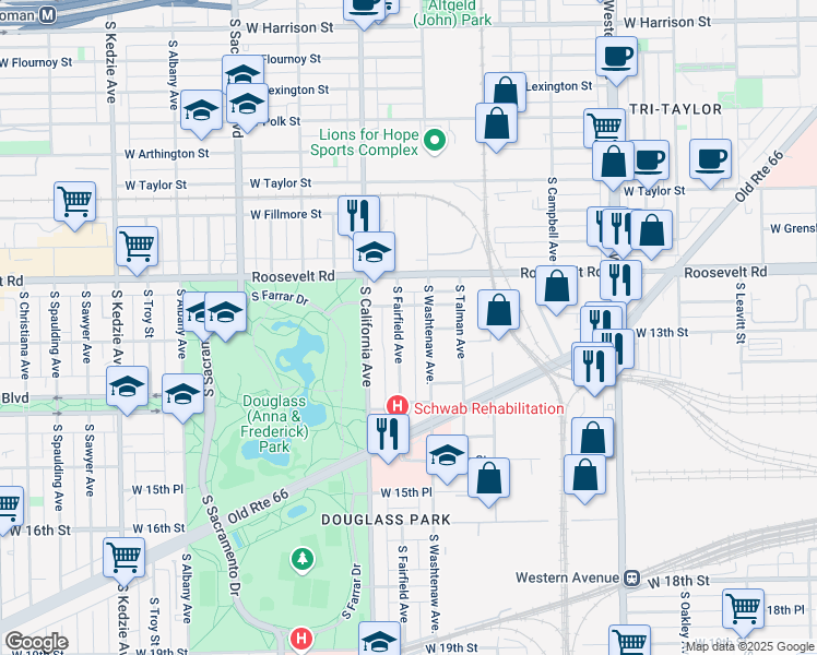 map of restaurants, bars, coffee shops, grocery stores, and more near 1253 South Fairfield Avenue in Chicago
