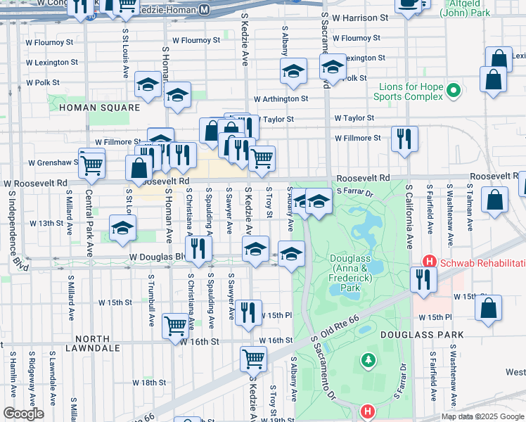 map of restaurants, bars, coffee shops, grocery stores, and more near 1246 South Troy Street in Chicago