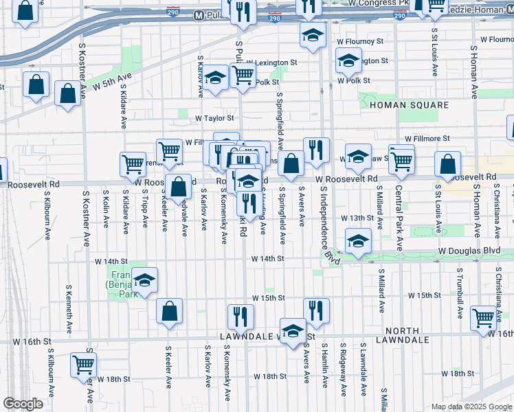 map of restaurants, bars, coffee shops, grocery stores, and more near 1241 South Pulaski Road in Chicago