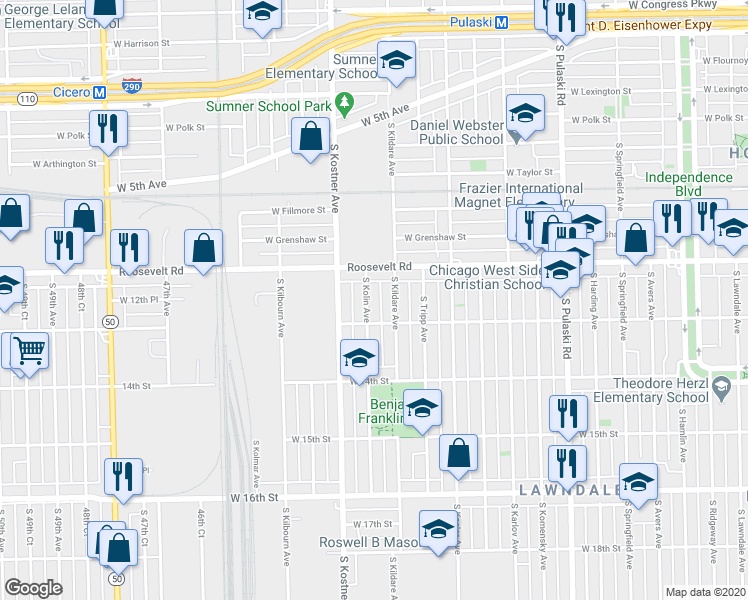 map of restaurants, bars, coffee shops, grocery stores, and more near 1235 South Kolin Avenue in Chicago