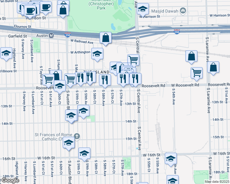 map of restaurants, bars, coffee shops, grocery stores, and more near 1212 South 57th Court in Cicero