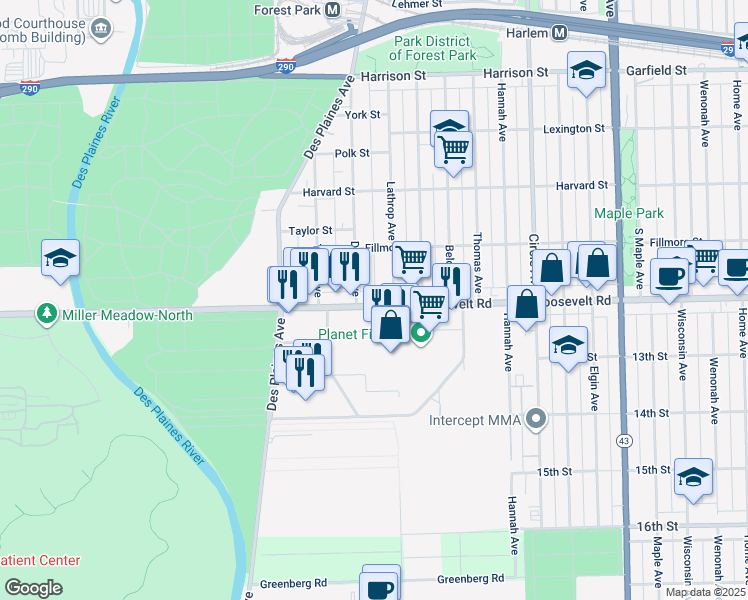 map of restaurants, bars, coffee shops, grocery stores, and more near 7609 Roosevelt Road in Forest Park