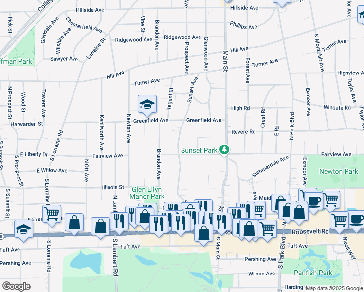 map of restaurants, bars, coffee shops, grocery stores, and more near 156 Sunset Avenue in Glen Ellyn