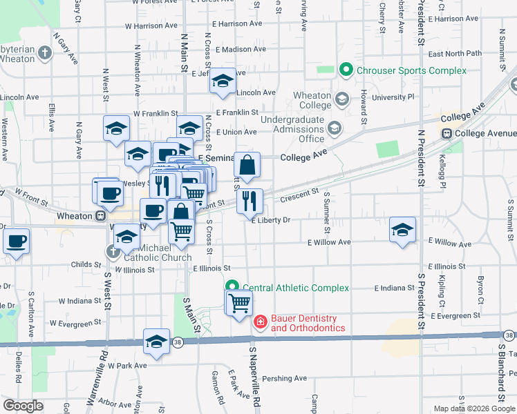 map of restaurants, bars, coffee shops, grocery stores, and more near 255 East Liberty Drive in Wheaton
