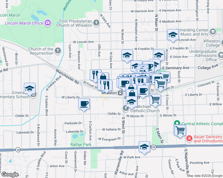 map of restaurants, bars, coffee shops, grocery stores, and more near 425 West Front Street in Wheaton