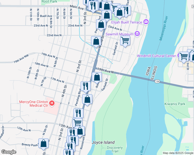 map of restaurants, bars, coffee shops, grocery stores, and more near 1804 Roosevelt Street in Clinton