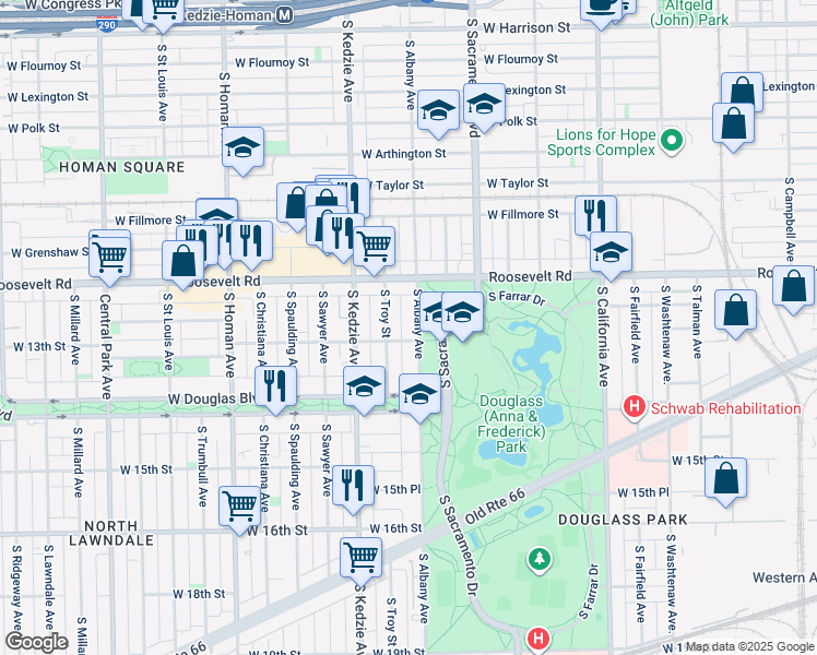 map of restaurants, bars, coffee shops, grocery stores, and more near 1246 South Albany Avenue in Chicago