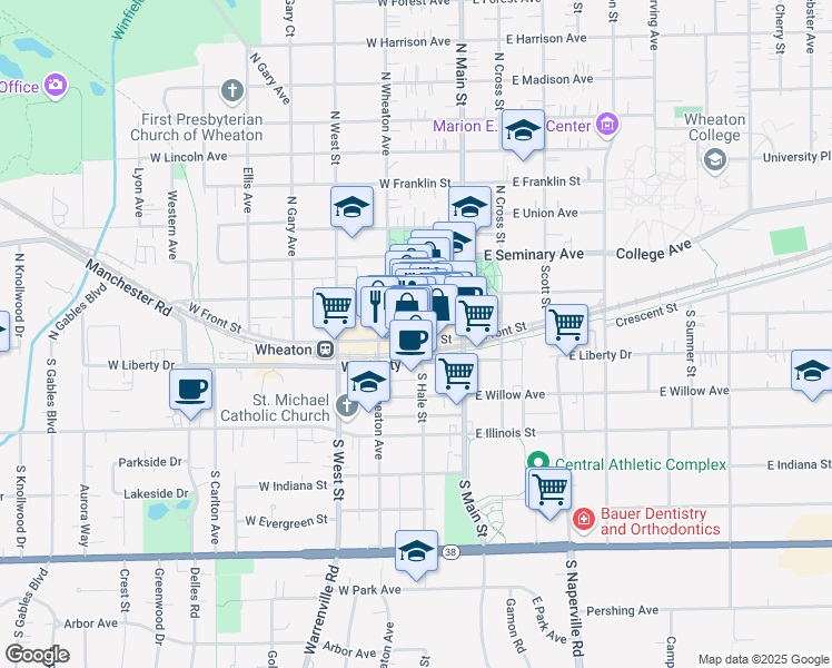 map of restaurants, bars, coffee shops, grocery stores, and more near 100 North Hale Street in Wheaton