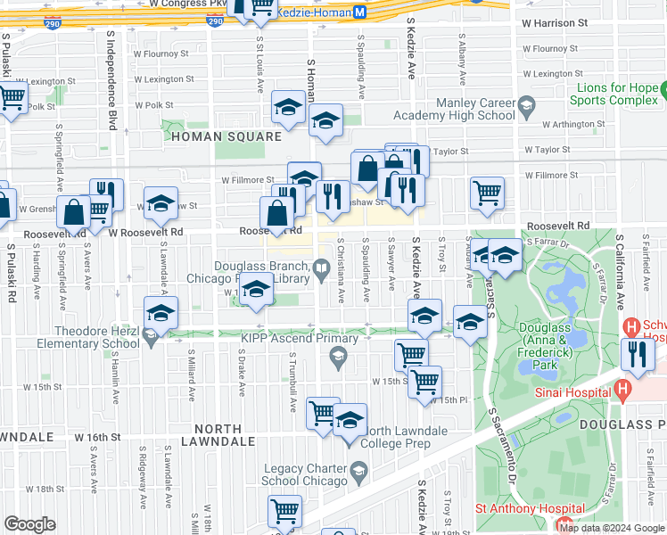 map of restaurants, bars, coffee shops, grocery stores, and more near 1244 South Christiana Avenue in Chicago