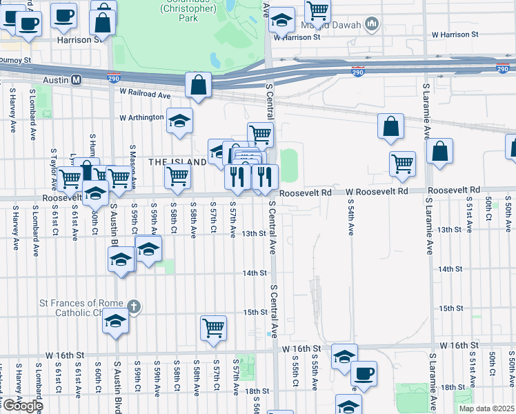 map of restaurants, bars, coffee shops, grocery stores, and more near 1213 South 56th Court in Cicero