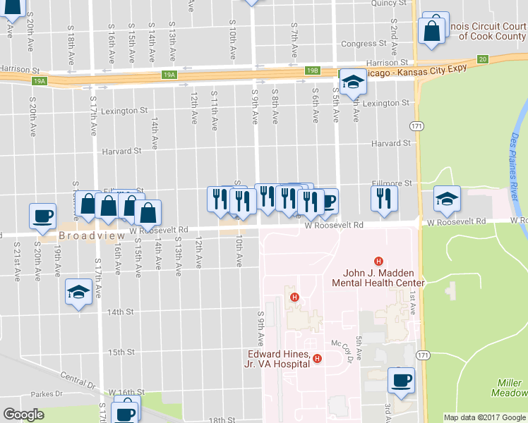 map of restaurants, bars, coffee shops, grocery stores, and more near 2125 South 9th Avenue in Maywood