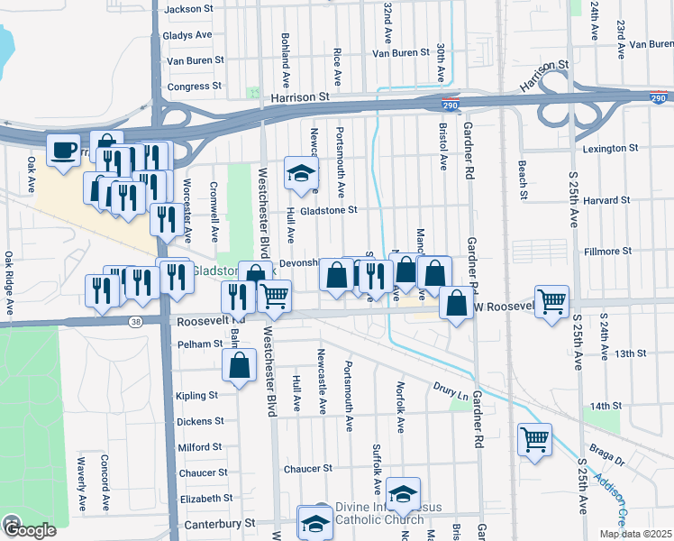 map of restaurants, bars, coffee shops, grocery stores, and more near 1108 Portsmouth Avenue in Westchester