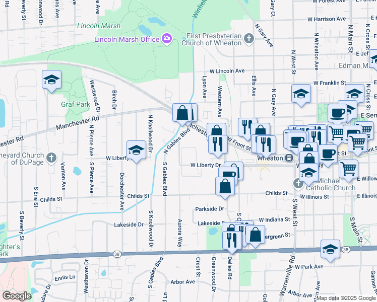 map of restaurants, bars, coffee shops, grocery stores, and more near 927 West Liberty Drive in Wheaton