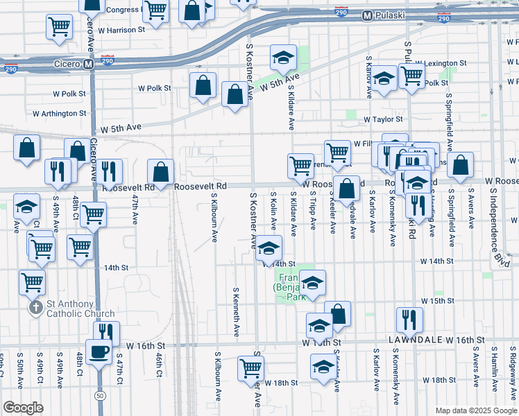 map of restaurants, bars, coffee shops, grocery stores, and more near 1231 South Kostner Avenue in Chicago