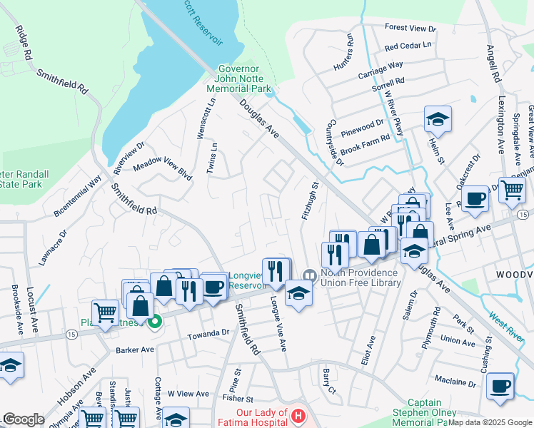 map of restaurants, bars, coffee shops, grocery stores, and more near 22 Primrose Lane in North Providence