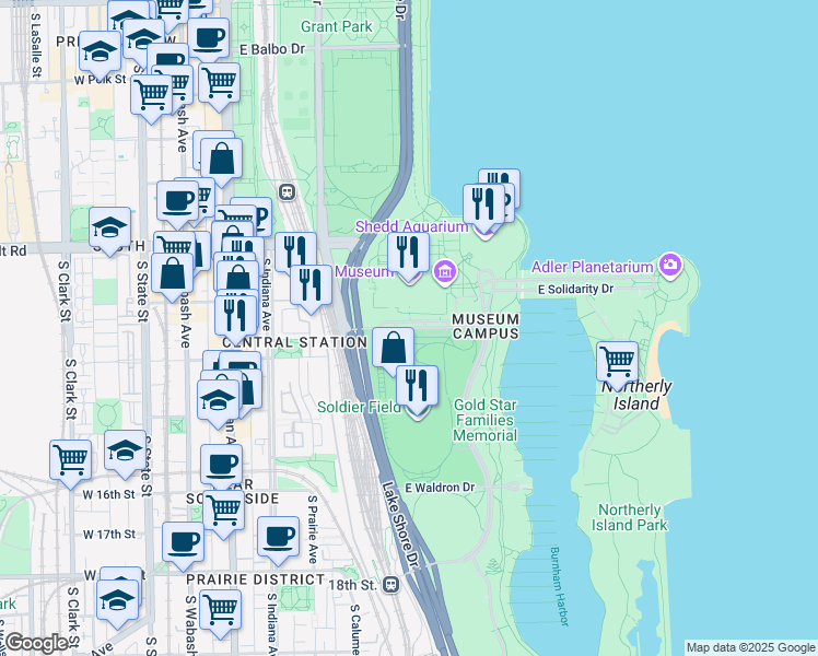 map of restaurants, bars, coffee shops, grocery stores, and more near East McFetridge Drive in Chicago
