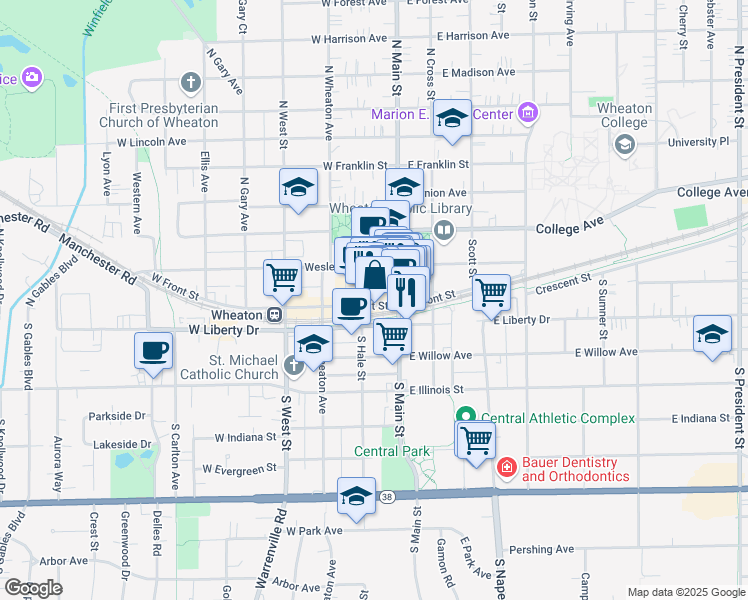 map of restaurants, bars, coffee shops, grocery stores, and more near 107 West Front Street in Wheaton