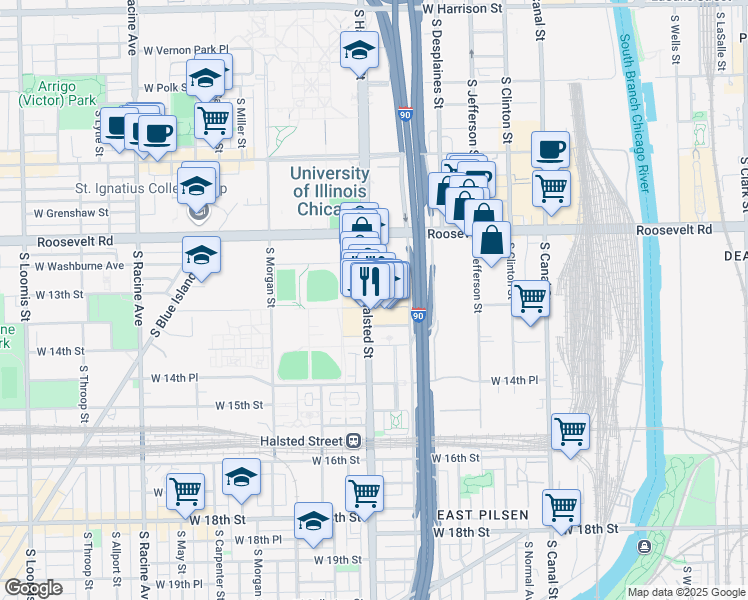 map of restaurants, bars, coffee shops, grocery stores, and more near 1313 S Halsted St in Chicago