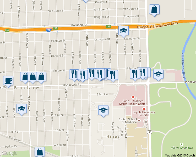 map of restaurants, bars, coffee shops, grocery stores, and more near 2125 S 8th Ave in Maywood