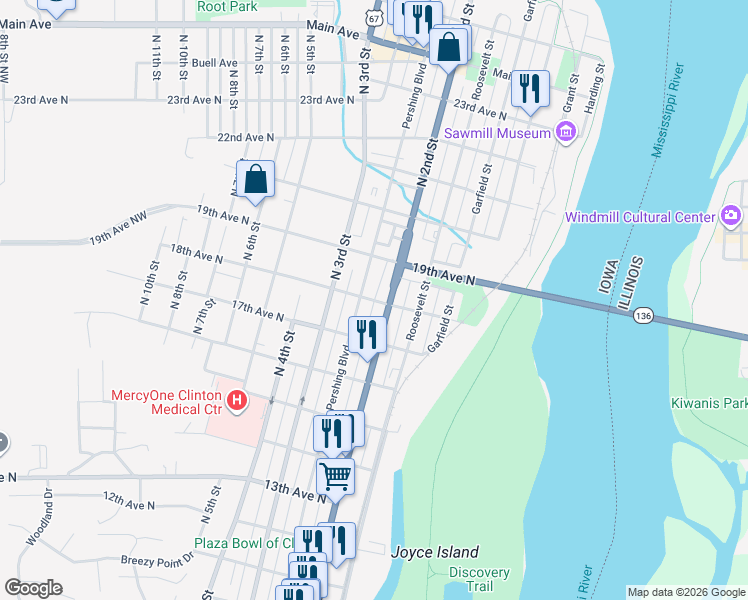 map of restaurants, bars, coffee shops, grocery stores, and more near 201 18th Avenue North in Clinton