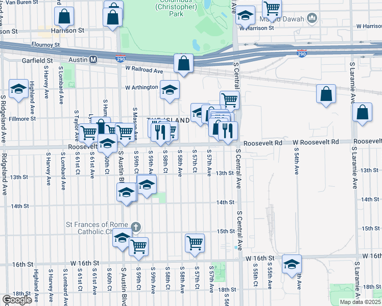 map of restaurants, bars, coffee shops, grocery stores, and more near 1212 South 57th Court in Cicero