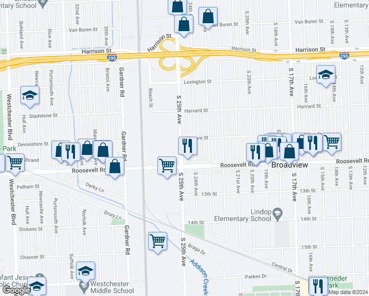 map of restaurants, bars, coffee shops, grocery stores, and more near 2113 South 25th Avenue in Broadview