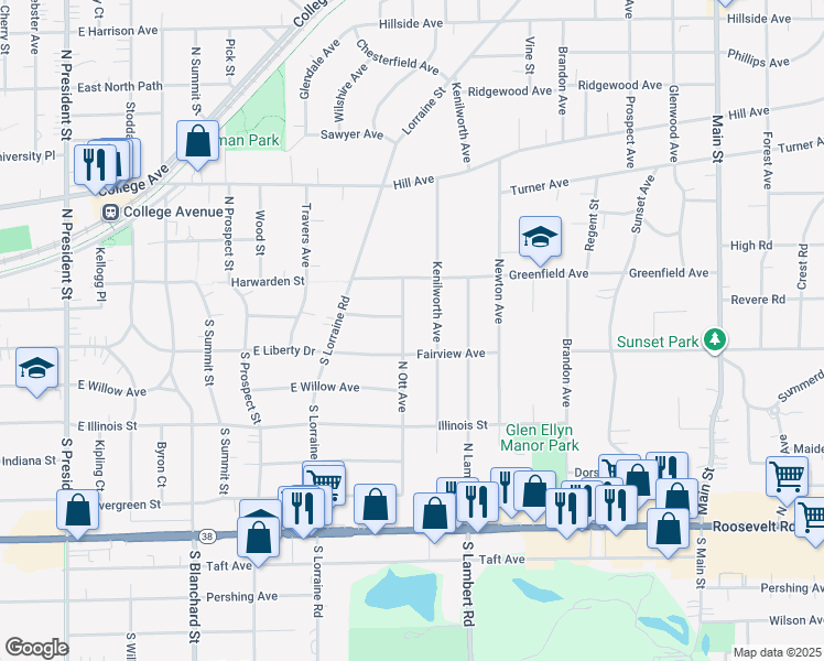 map of restaurants, bars, coffee shops, grocery stores, and more near 157 North Ott Avenue in Glen Ellyn