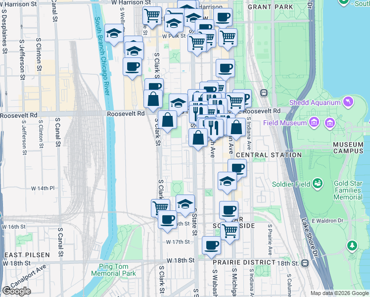 map of restaurants, bars, coffee shops, grocery stores, and more near 1322 South Plymouth Court in Chicago