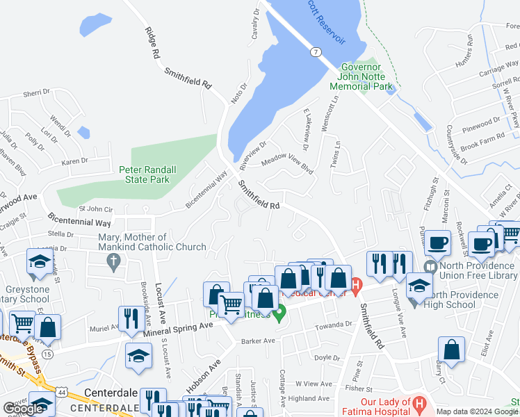 map of restaurants, bars, coffee shops, grocery stores, and more near 1202 Saint James Court in North Providence