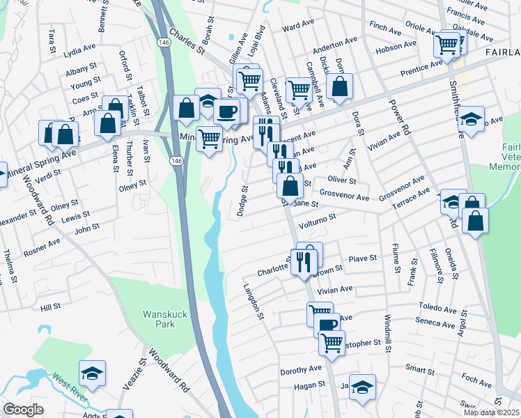 map of restaurants, bars, coffee shops, grocery stores, and more near 119 Jane Street in North Providence