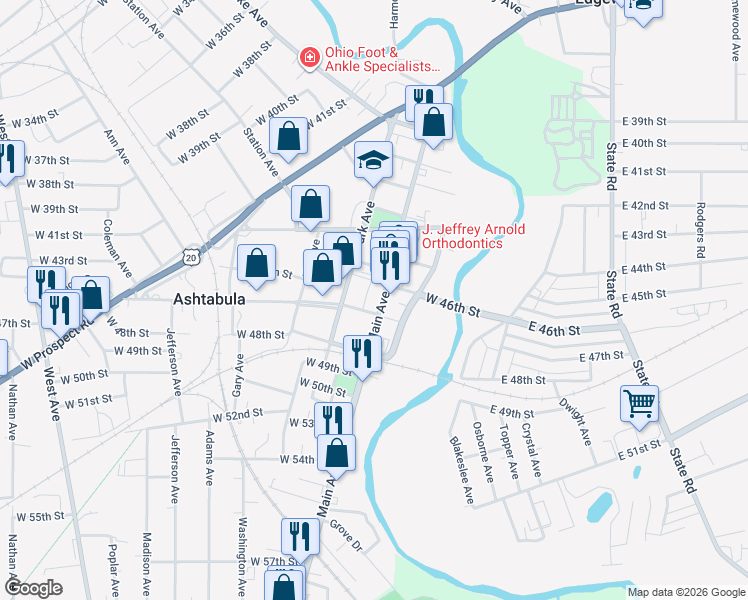 map of restaurants, bars, coffee shops, grocery stores, and more near 4633 Main Avenue in Ashtabula