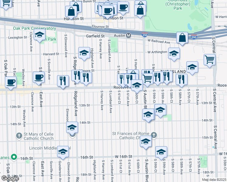 map of restaurants, bars, coffee shops, grocery stores, and more near 1211 South Lombard Avenue in Cicero