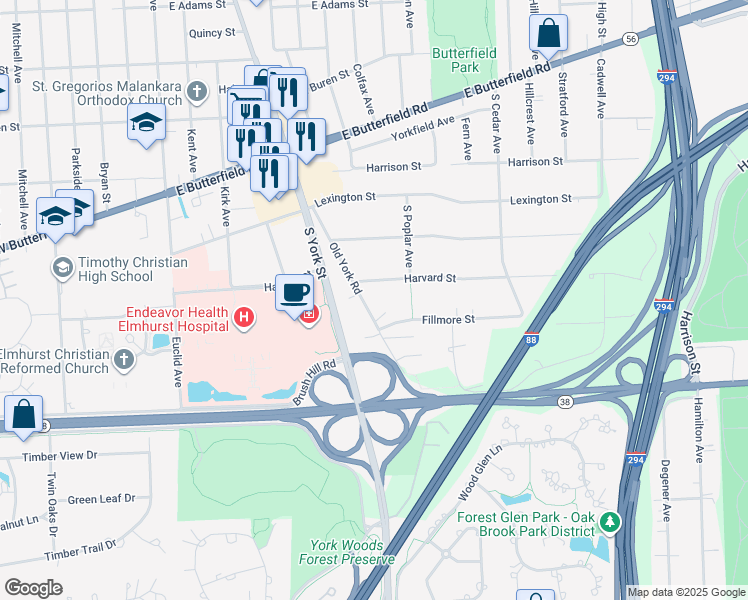 map of restaurants, bars, coffee shops, grocery stores, and more near S625 Old York Road in Elmhurst