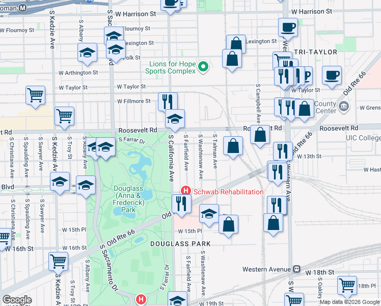 map of restaurants, bars, coffee shops, grocery stores, and more near 1253 South Fairfield Avenue in Chicago