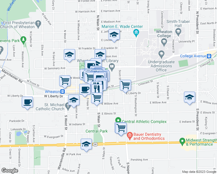 map of restaurants, bars, coffee shops, grocery stores, and more near 81 North Cross Street in Wheaton