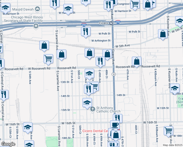 map of restaurants, bars, coffee shops, grocery stores, and more near 1220 South 49th Court in Cicero