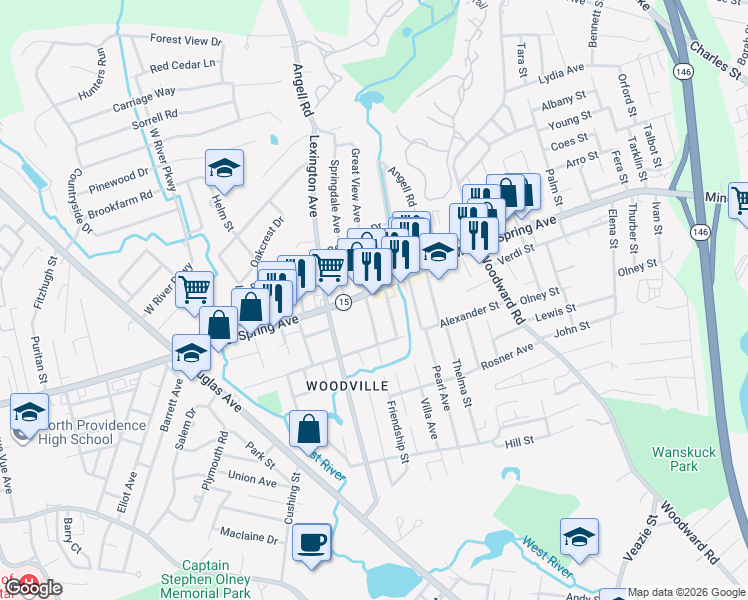 map of restaurants, bars, coffee shops, grocery stores, and more near 1488 Mineral Spring Avenue in North Providence