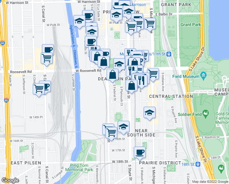 map of restaurants, bars, coffee shops, grocery stores, and more near 1322 South Federal Street in Chicago