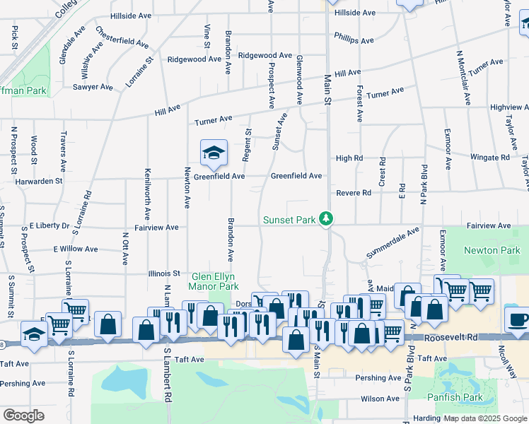 map of restaurants, bars, coffee shops, grocery stores, and more near 156 Sunset Avenue in Glen Ellyn