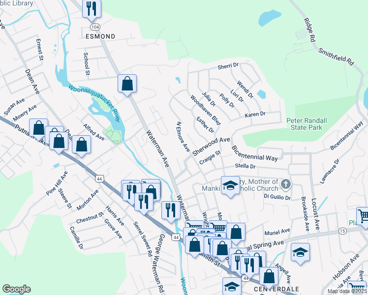 map of restaurants, bars, coffee shops, grocery stores, and more near 20 N Elmore Ave in North Providence