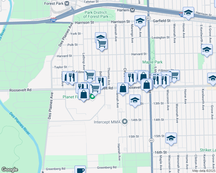 map of restaurants, bars, coffee shops, grocery stores, and more near 7417 Roosevelt Road in Forest Park