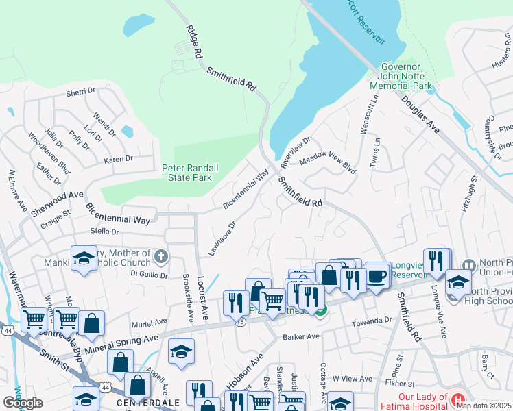 map of restaurants, bars, coffee shops, grocery stores, and more near 32 Lawnacre Drive in North Providence