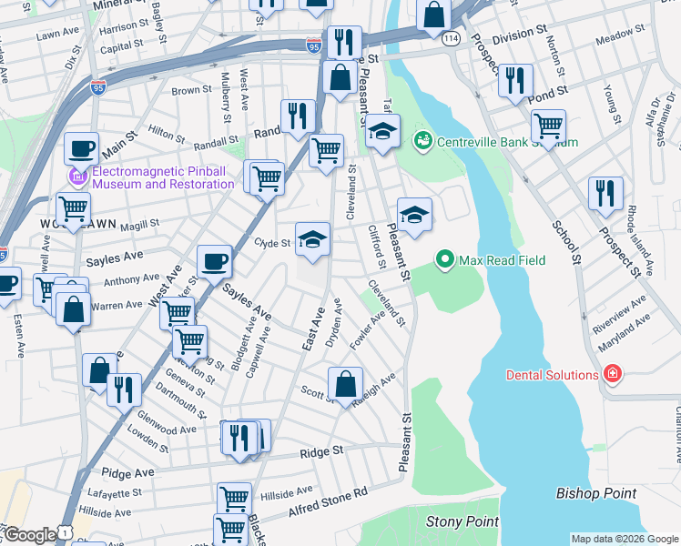 map of restaurants, bars, coffee shops, grocery stores, and more near 185 Lyman Street in Pawtucket