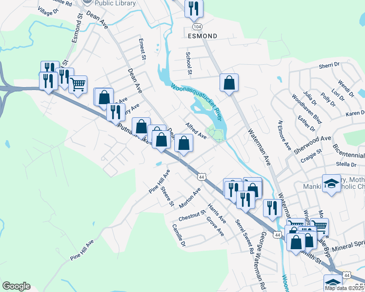 map of restaurants, bars, coffee shops, grocery stores, and more near 1 Roosevelt Ave in Johnston