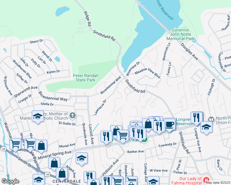 map of restaurants, bars, coffee shops, grocery stores, and more near 32 Lawnacre Drive in North Providence