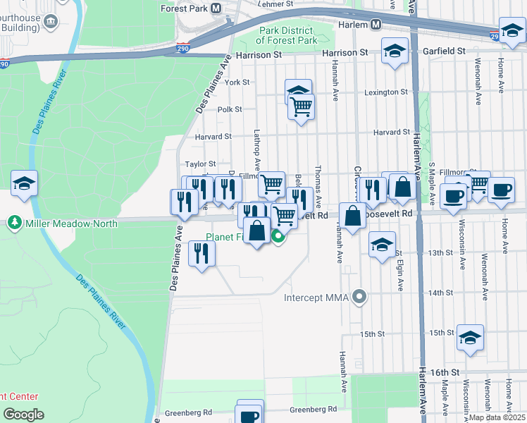 map of restaurants, bars, coffee shops, grocery stores, and more near 1140 Lathrop Avenue in Forest Park