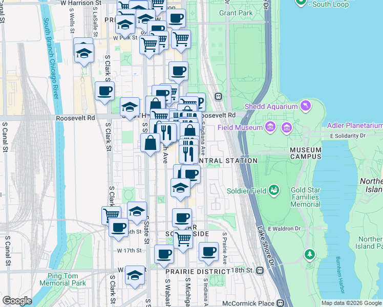 map of restaurants, bars, coffee shops, grocery stores, and more near 1325 South Michigan Avenue in Chicago