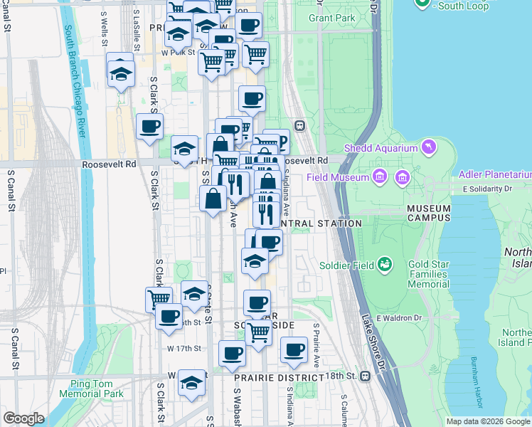 map of restaurants, bars, coffee shops, grocery stores, and more near 1325 South Michigan Avenue in Chicago