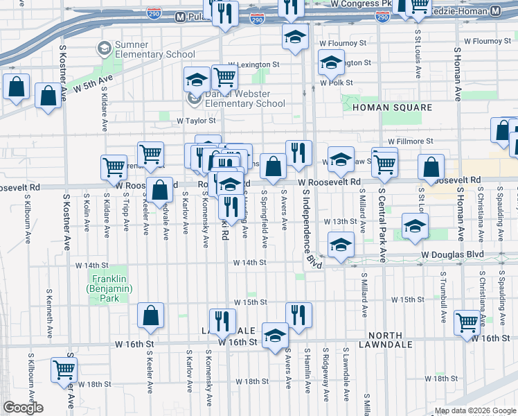 map of restaurants, bars, coffee shops, grocery stores, and more near 1240 South Springfield Avenue in Chicago